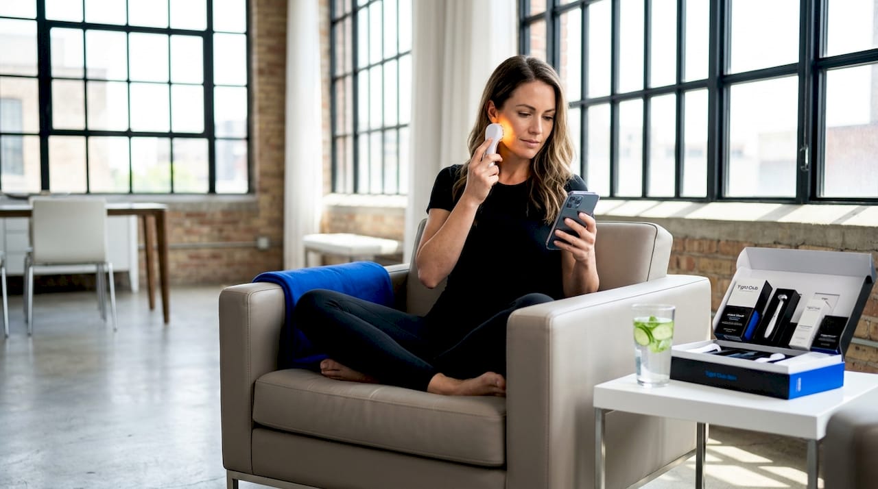 Woman using LED skincare device at home
