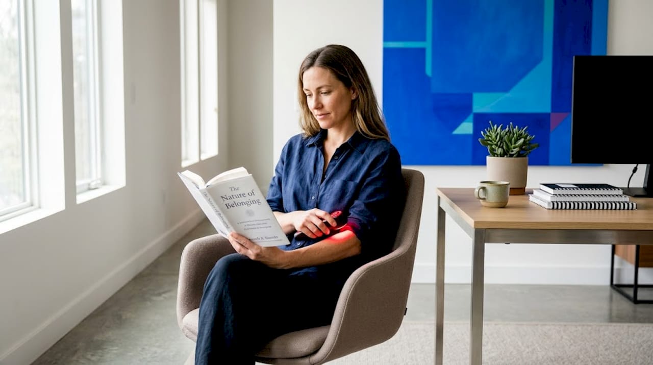 Woman uses home light therapy device on sofa